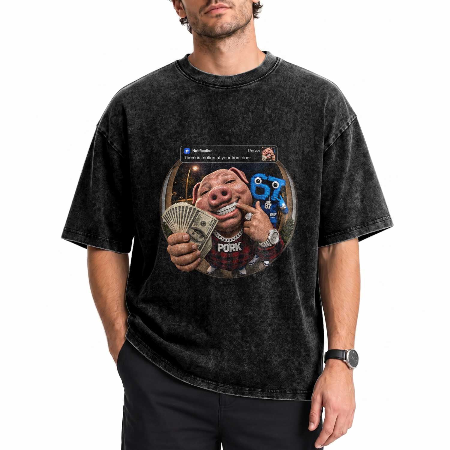 John Pork 67 Meme Funny Brainrot Washed Cotton T-Shirt There is Motion at Your Front Door