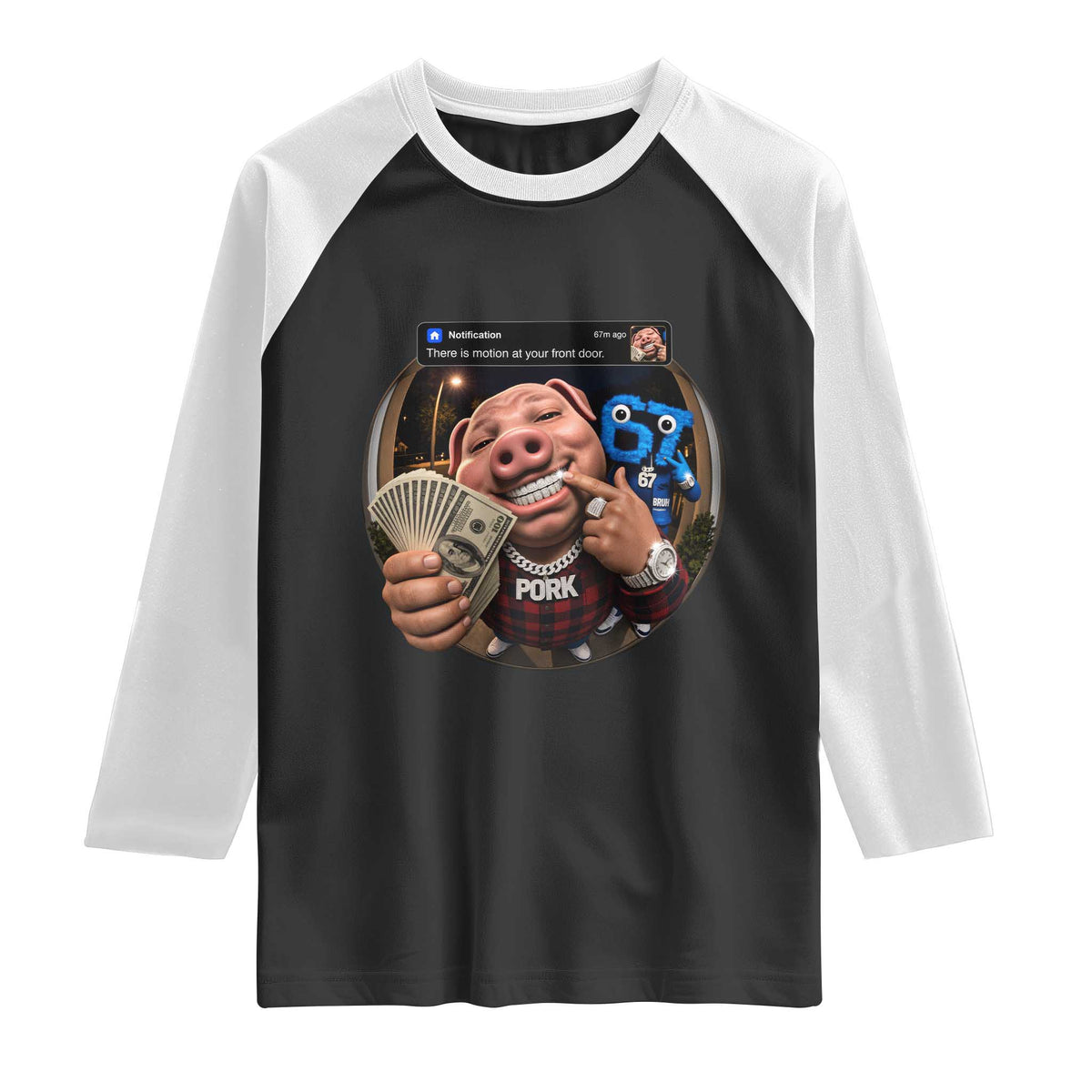 John Pork 67 Meme Funny Brainrot Raglan Shirt There is Motion at Your Front Door