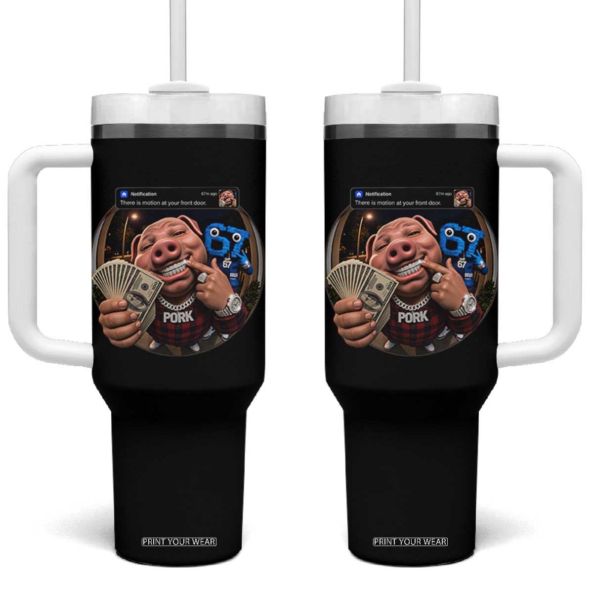 John Pork 67 Meme Funny Brainrot Tumbler With Handle There is Motion at Your Front Door