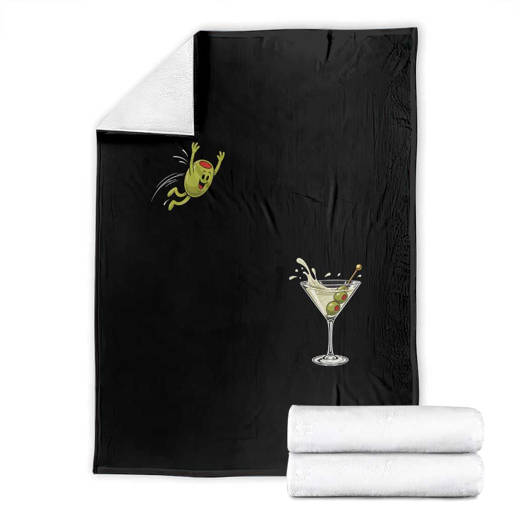 Dirty Martini Dive Funny Cocktail Drinker Throw Blanket Funny Olive Jumping Into Martini Glass Cocktail Cartoon Graphic