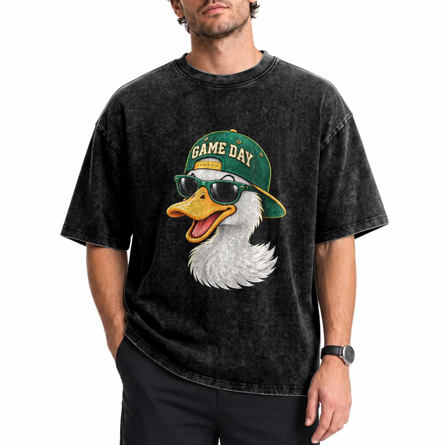 Game Day Duck Wearing Baseball Cap Sunglasses Graphic Washed Cotton T-Shirt