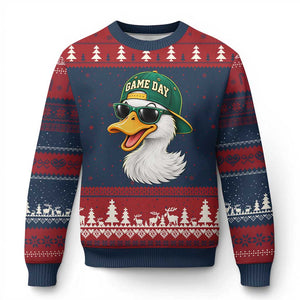 Game Day Duck Wearing Baseball Cap Sunglasses Graphic Ugly Christmas Sweater