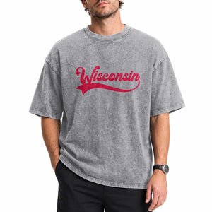 State Of Wisconsin Retro Classic Pride Varsity Script Vintage Style Washed Cotton T-Shirt