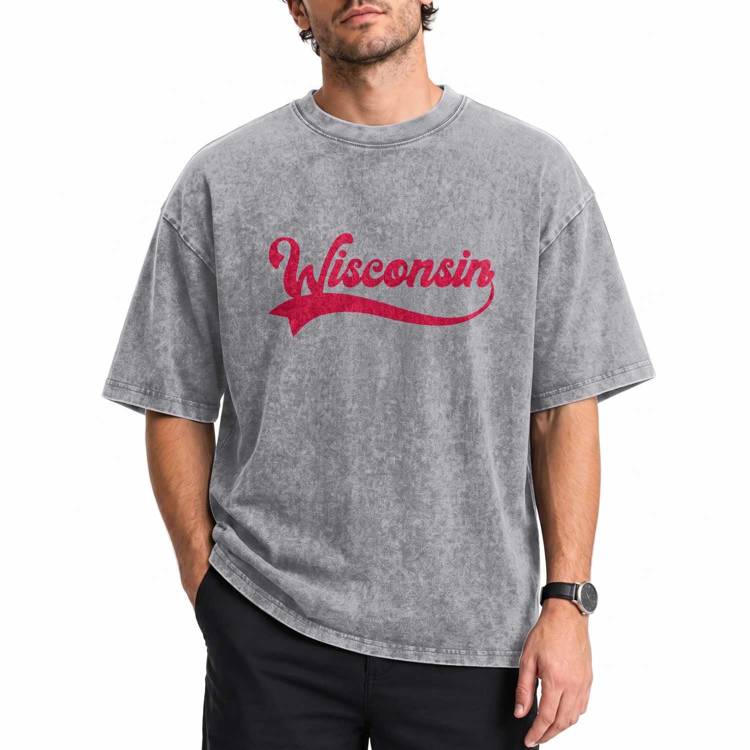 State Of Wisconsin Retro Classic Pride Varsity Script Vintage Style Washed Cotton T-Shirt