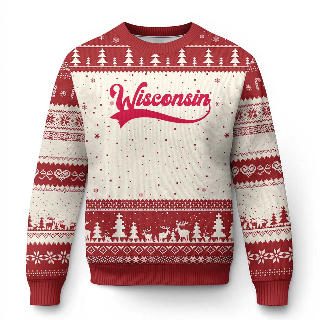 State Of Wisconsin Retro Classic Pride Varsity Script Vintage Style Ugly Christmas Sweater