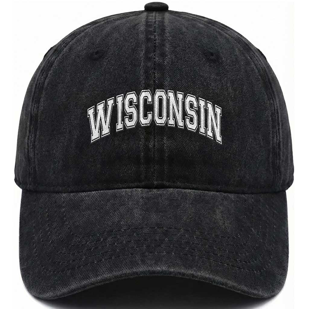 Wisconsin State Pride Vintage Athletic Varsity Block Graphic Washed Cotton Baseball Cap