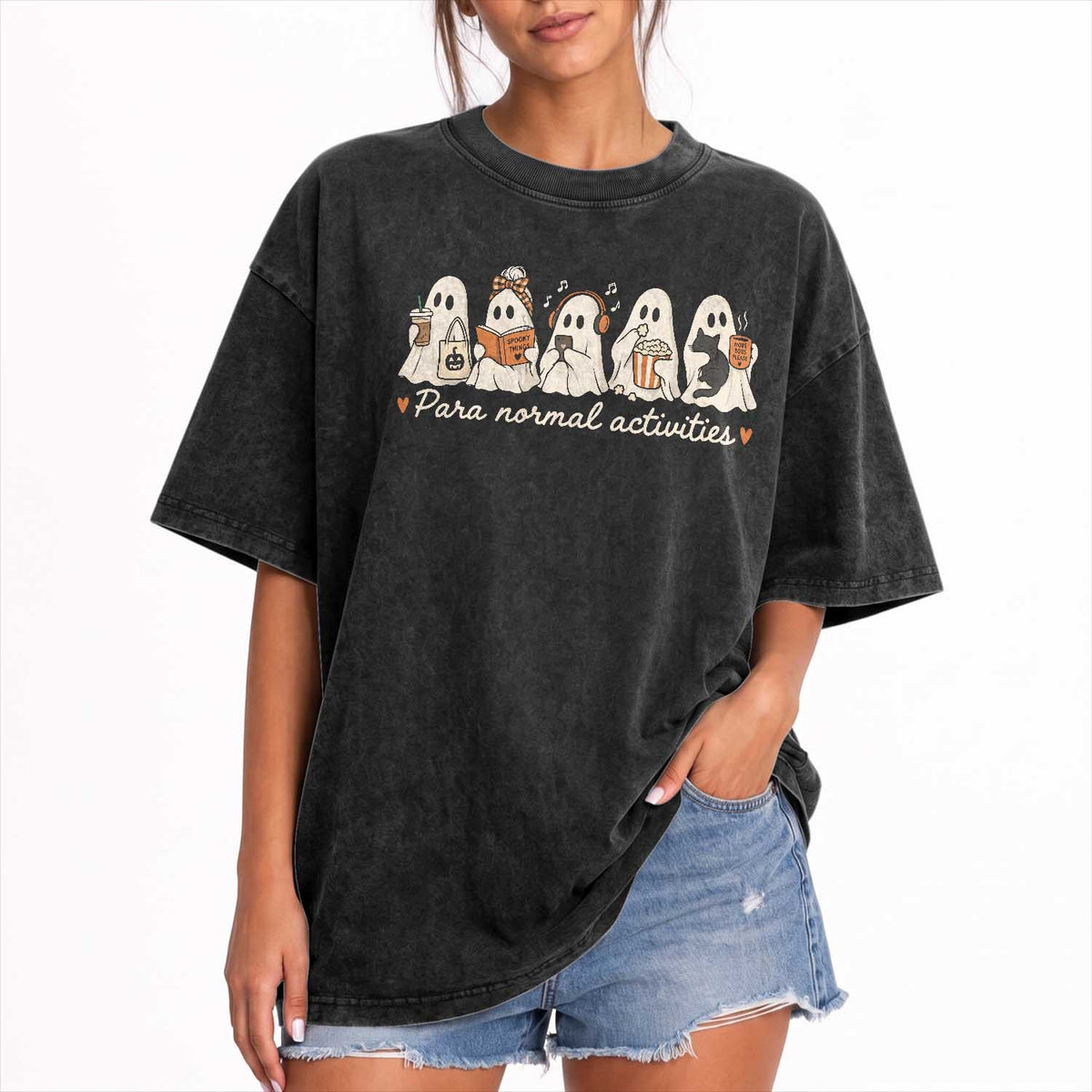 Para Normal Activities Cute Ghost Fall Season Halloween Washed Cotton T-Shirt