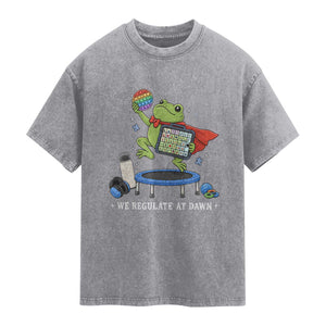 Inclusion Frog OT SPED Teacher Washed Cotton T-Shirt We Regulate At Dawn