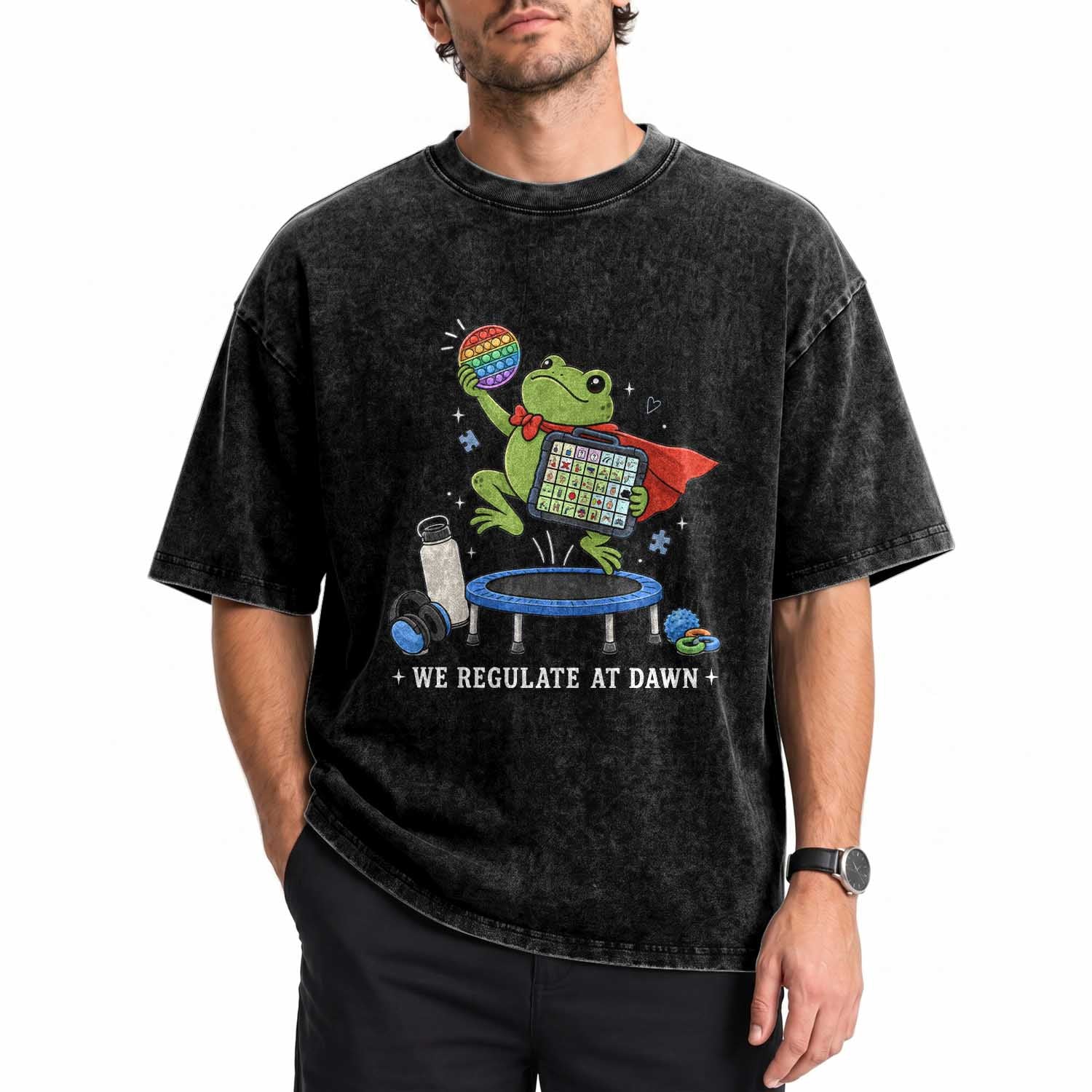 Inclusion Frog OT SPED Teacher Washed Cotton T-Shirt We Regulate At Dawn