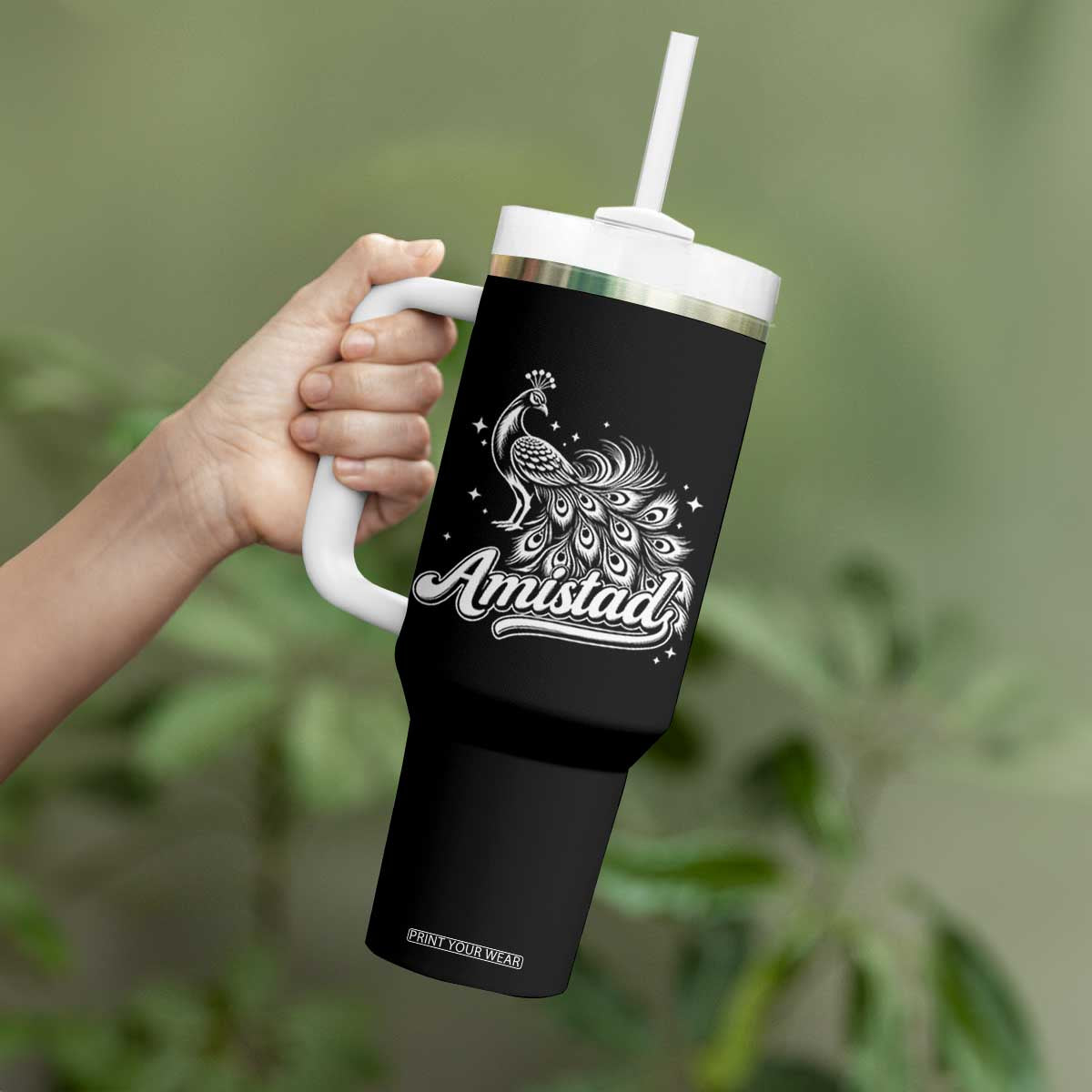 Amistad School House Spirit Tumbler With Handle Elegant Peacock Graphic