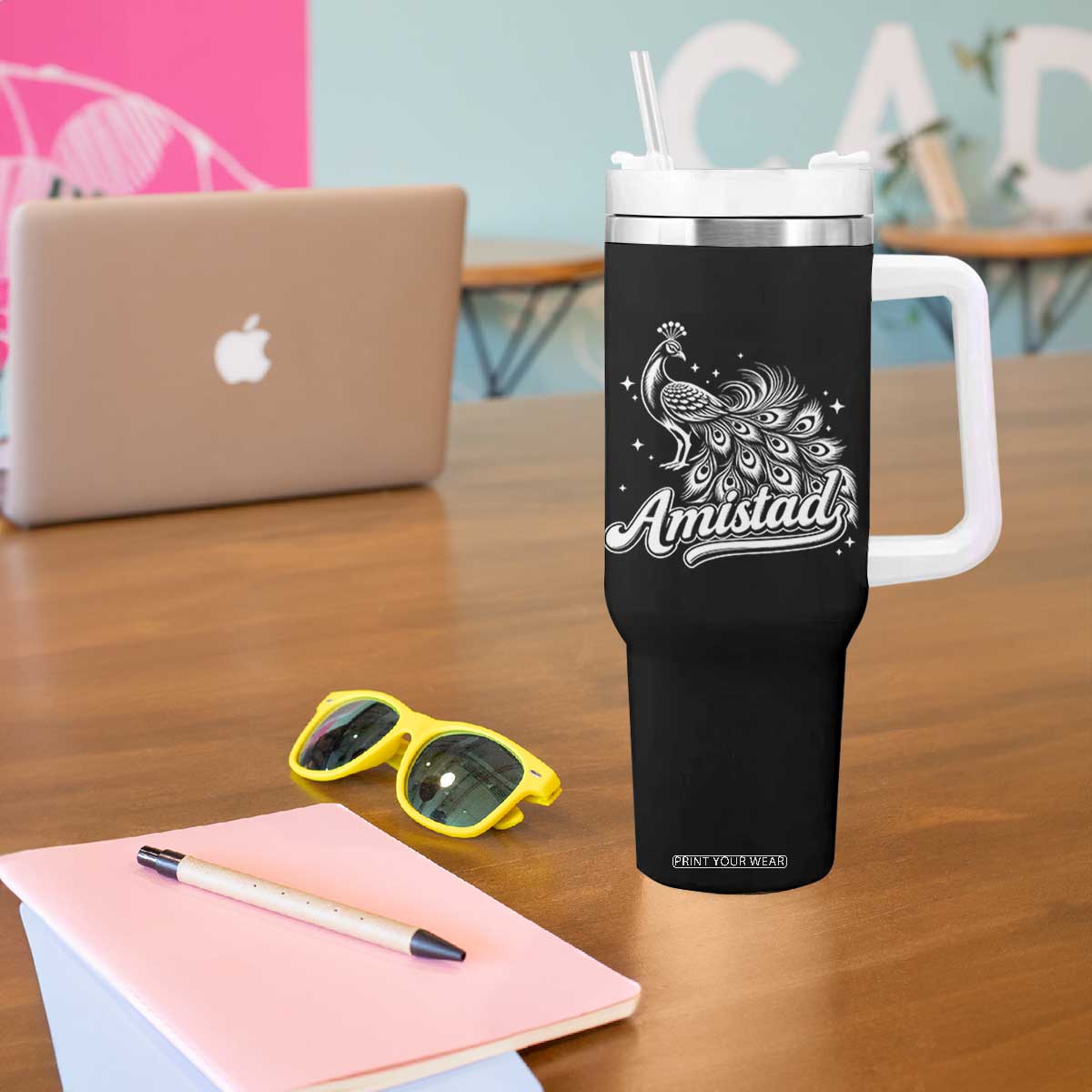 Amistad School House Spirit Tumbler With Handle Elegant Peacock Graphic