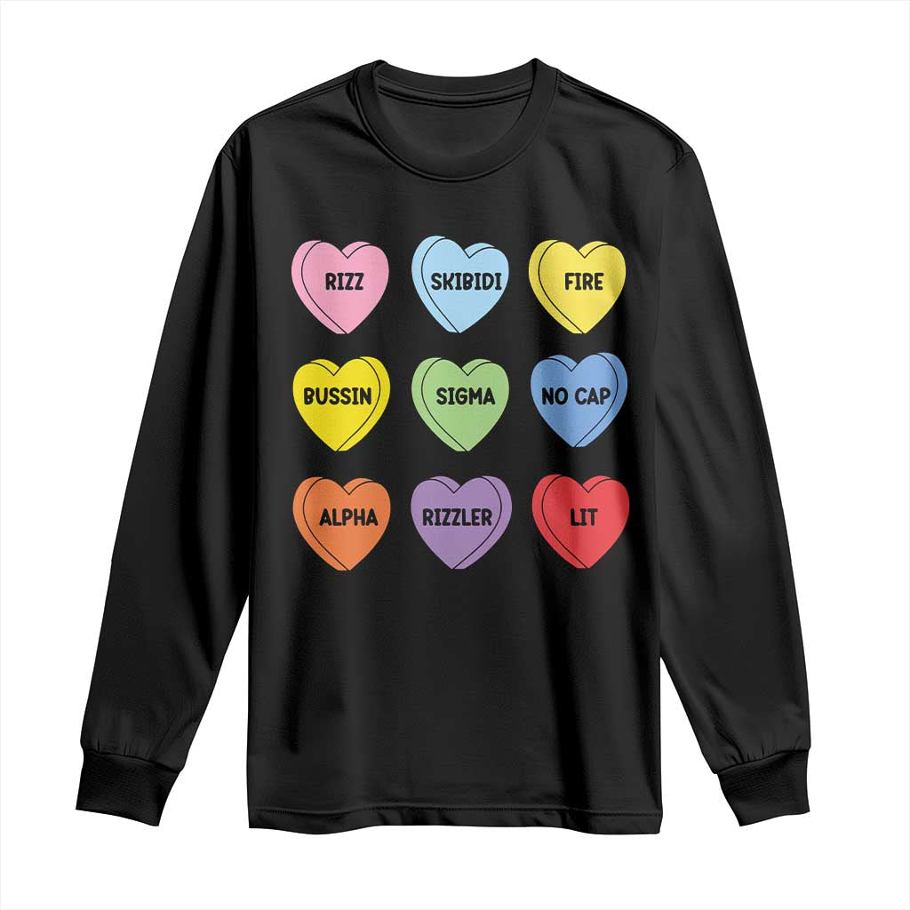 Funny Skibidi Valentine's Day Long Sleeve Shirt Rizz No Cap Conversation Hearts Sigma TS10 Black Print Your Wear