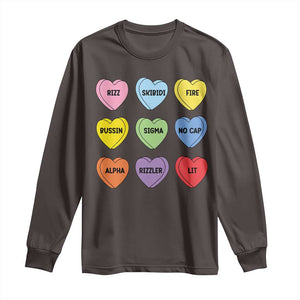 Funny Skibidi Valentine's Day Long Sleeve Shirt Rizz No Cap Conversation Hearts Sigma TS10 Dark Chocolate Print Your Wear