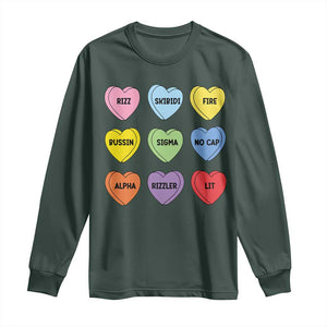 Funny Skibidi Valentine's Day Long Sleeve Shirt Rizz No Cap Conversation Hearts Sigma TS10 Dark Forest Green Print Your Wear