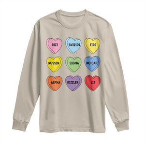 Funny Skibidi Valentine's Day Long Sleeve Shirt Rizz No Cap Conversation Hearts Sigma TS10 Sand Print Your Wear