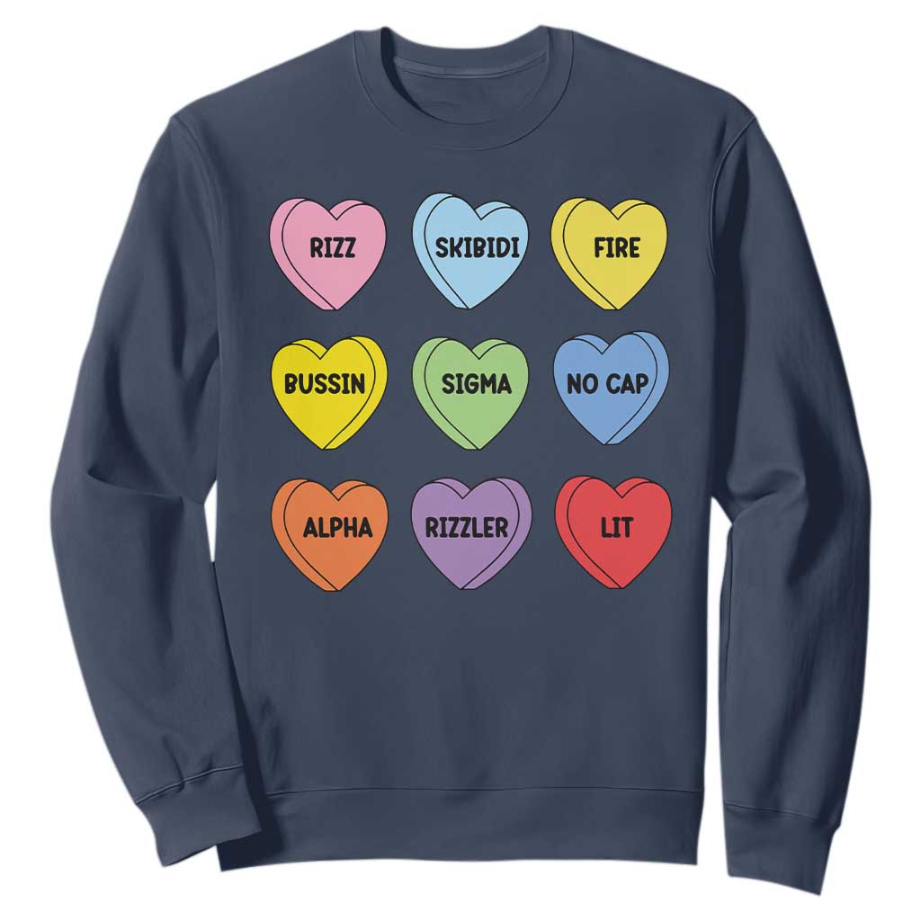 Funny Skibidi Valentine's Day Sweatshirt Rizz No Cap Conversation Hearts Sigma TS10 Navy Print Your Wear