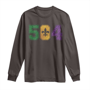 Mardi Gras 504 Nola New Orleans Louisiana Long Sleeve Shirt Glitter Print Fleur de Lis TS10 Dark Chocolate Print Your Wear