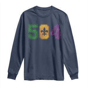 Mardi Gras 504 Nola New Orleans Louisiana Long Sleeve Shirt Glitter Print Fleur de Lis TS10 Navy Print Your Wear