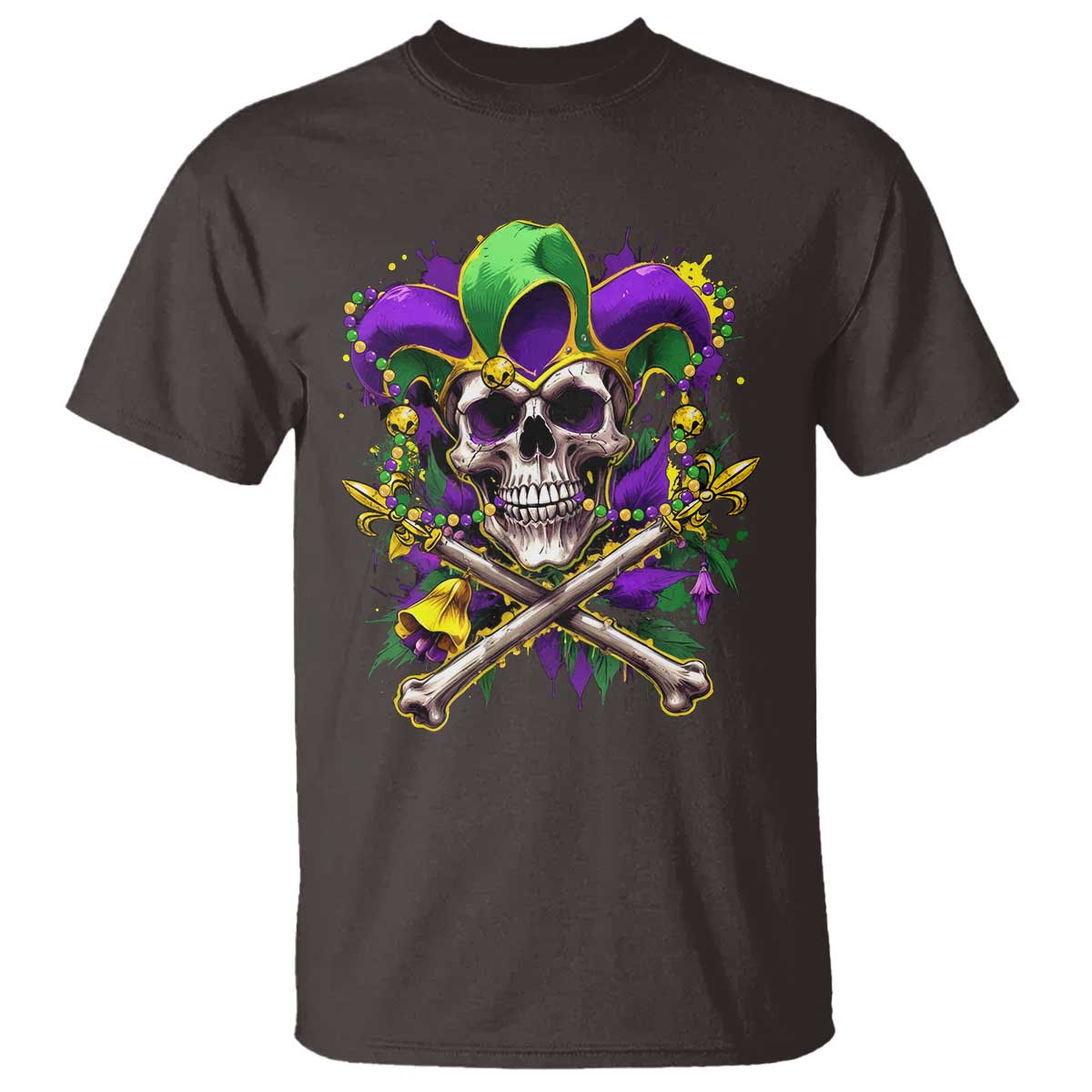 Mardi Gras Jester Skull T Shirt New Orleans Skeleton Beads TS10 Dark Chocolate Print Your Wear