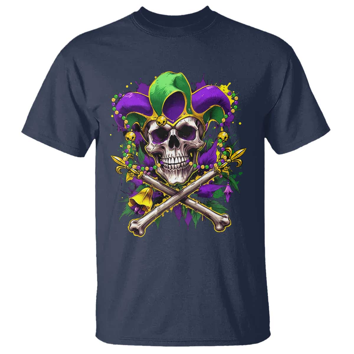 Mardi Gras Jester Skull T Shirt New Orleans Skeleton Beads TS10 Navy Print Your Wear