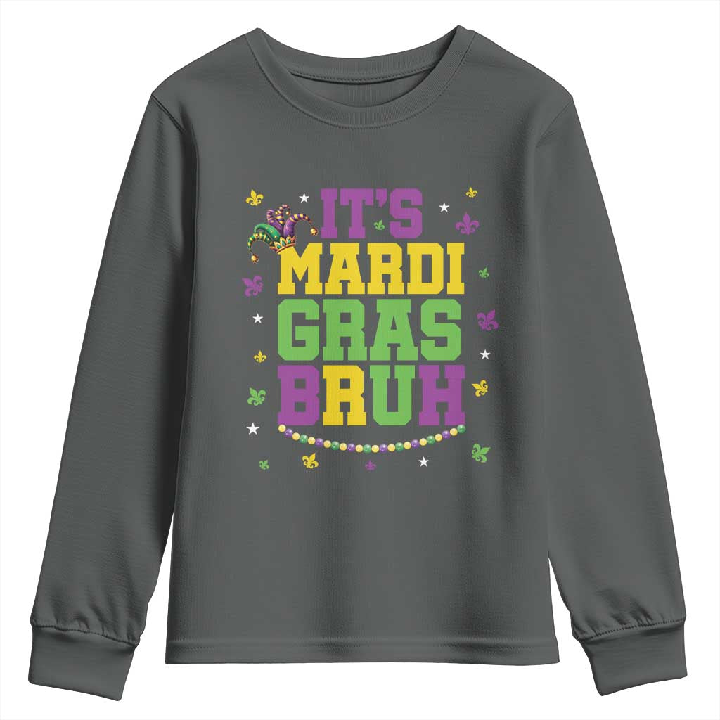 Bruh Mardi Gras Youth Sweatshirt Funny Fat Tuesday Teens Boys Kids TS10 Dark Heather Print Your Wear