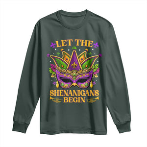 Let The Shenanigans Begin Mardi Gras Long Sleeve Shirt Masquerade Mask Beads TS10 Dark Forest Green Print Your Wear