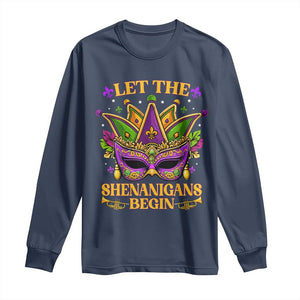 Let The Shenanigans Begin Mardi Gras Long Sleeve Shirt Masquerade Mask Beads TS10 Navy Print Your Wear