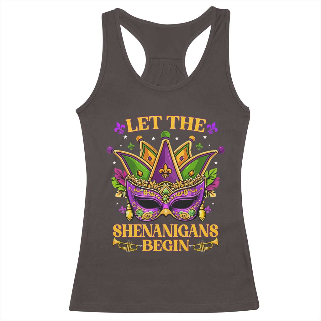 Let The Shenanigans Begin Mardi Gras Racerback Tank Top Masquerade Mask Beads TS10 Dark Chocolate Print Your Wear