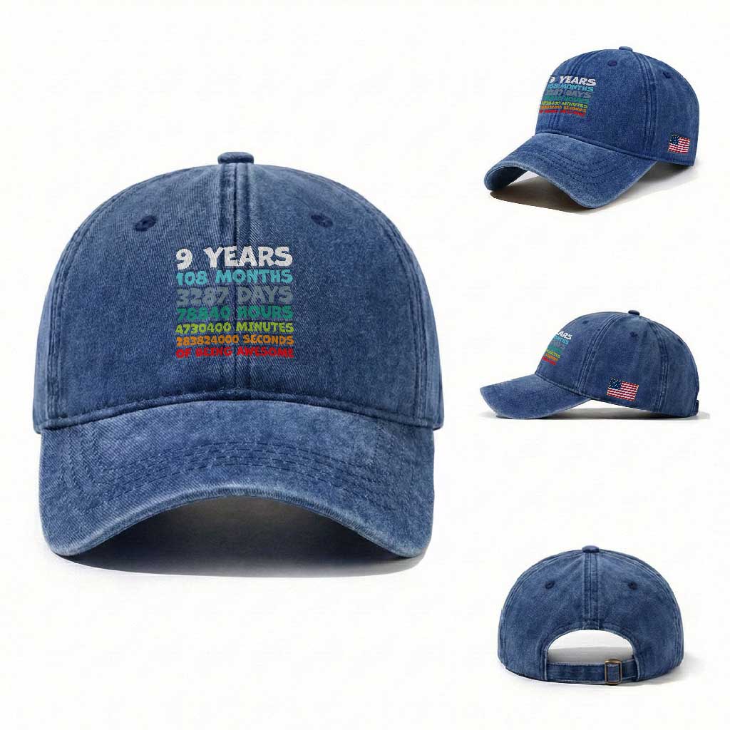 9 Year Old Bday Washed Cotton Baseball Cap Son Boy 9yr 9th Birthday Gifts TS10 Washed Cap Universal Fit Royal Blue Print Your Wear