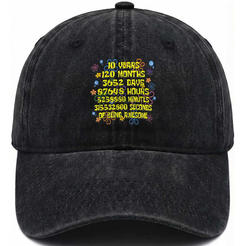 10th Birthday Gifts Washed Cotton Baseball Cap Flowers 10 Years Of Being Awesome 10 Year Old Bday TS10 Washed Cap Universal Fit Black Print Your Wear