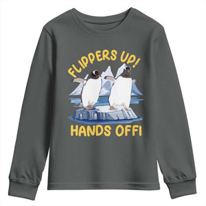 Penguins Resist Youth Sweatshirt Flippers Up Hands Off Protest Against Tariffs TS10 Dark Heather Print Your Wear