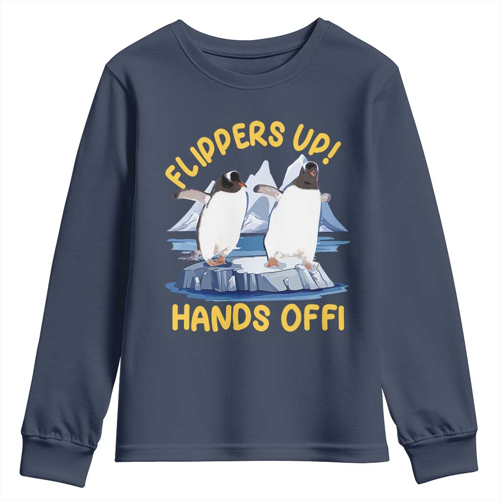 Penguins Resist Youth Sweatshirt Flippers Up Hands Off Protest Against Tariffs TS10 Navy Print Your Wear