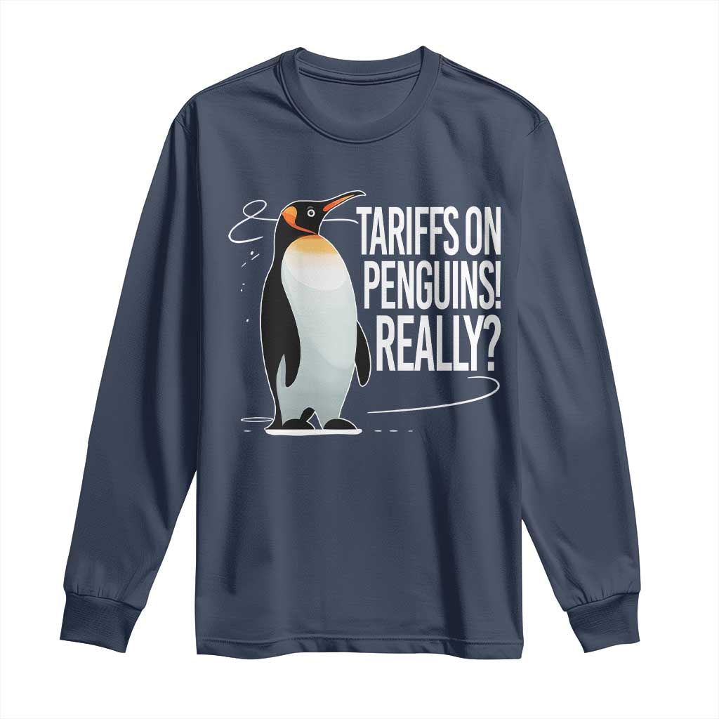 Hands Off Protest Long Sleeve Shirt Stand With Penguins Resist Against Tariffs TS10 Navy Print Your Wear
