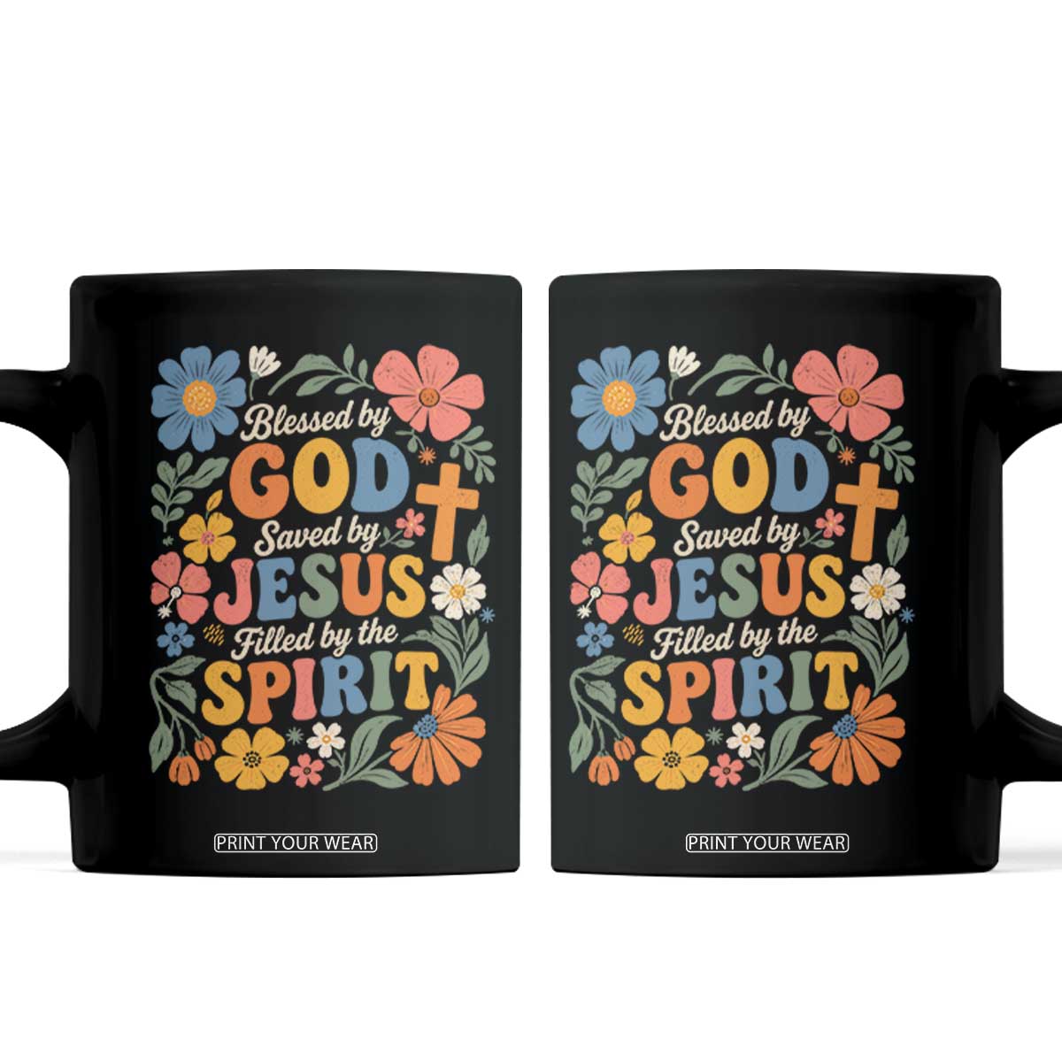 Boho Floral Christian Coffee Mug Blessed Saved By Jesus Cross Flower TS10 Black Print Your Wear