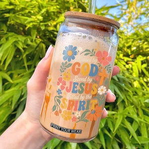 Boho Floral Christian Glass Can Blessed Saved By Jesus Cross Flower TS10 Black Print Your Wear