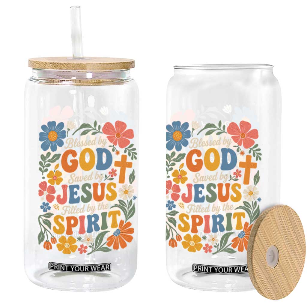 Boho Floral Christian Glass Can Blessed Saved By Jesus Cross Flower TS10 Print Your Wear