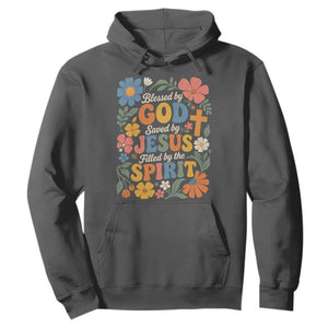 Boho Floral Christian Hoodie Blessed Saved By Jesus Cross Flower TS10 Dark Heather Print Your Wear