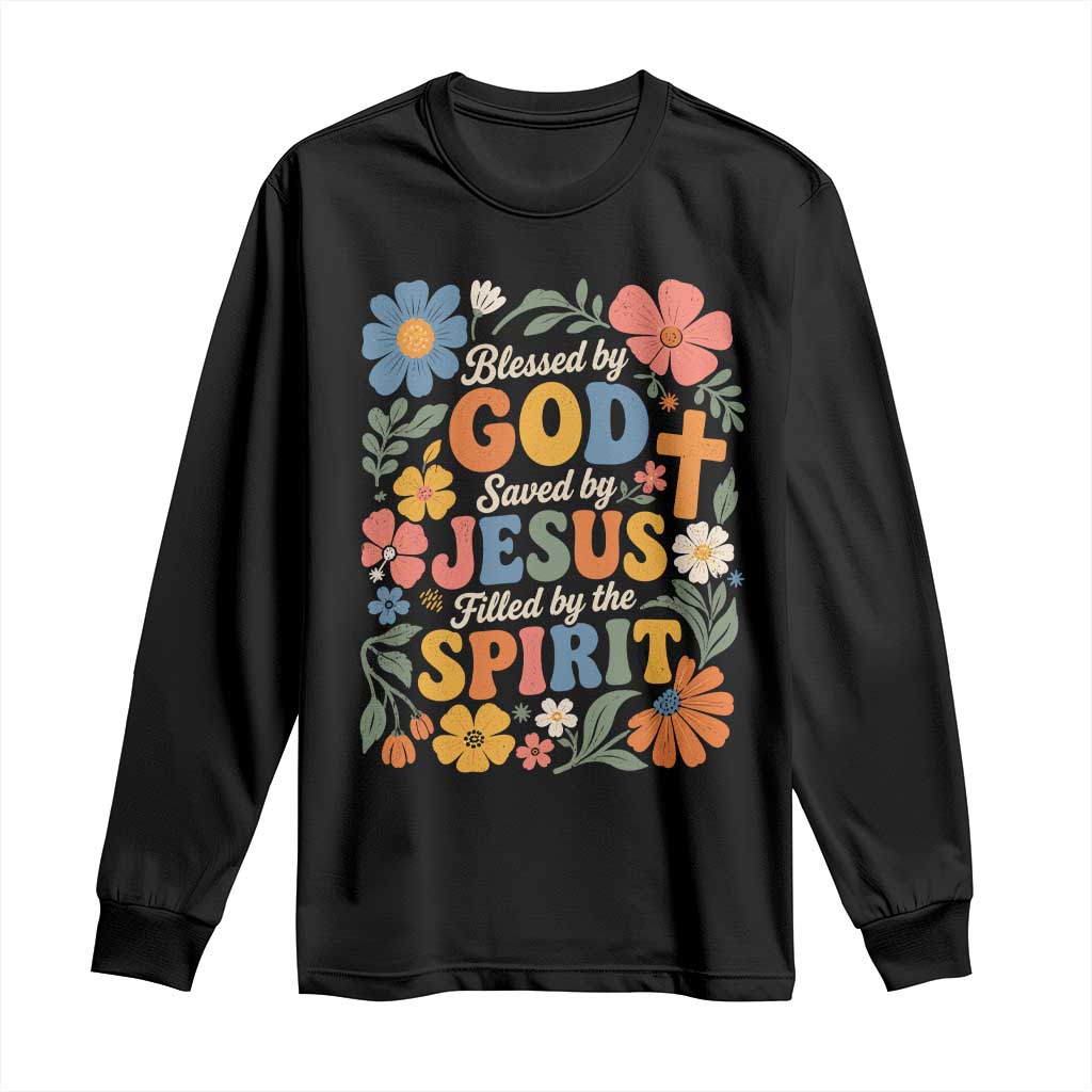 Boho Floral Christian Long Sleeve Shirt Blessed Saved By Jesus Cross Flower TS10 Black Print Your Wear