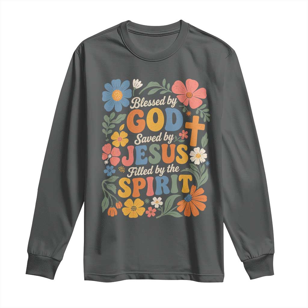 Boho Floral Christian Long Sleeve Shirt Blessed Saved By Jesus Cross Flower TS10 Dark Heather Print Your Wear