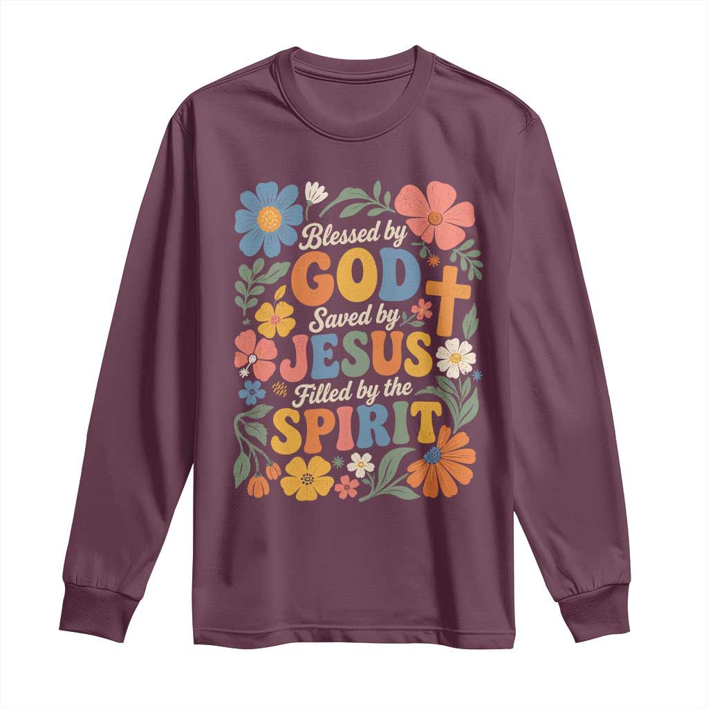 Boho Floral Christian Long Sleeve Shirt Blessed Saved By Jesus Cross Flower TS10 Maroon Print Your Wear