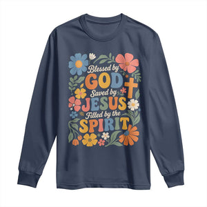 Boho Floral Christian Long Sleeve Shirt Blessed Saved By Jesus Cross Flower TS10 Navy Print Your Wear
