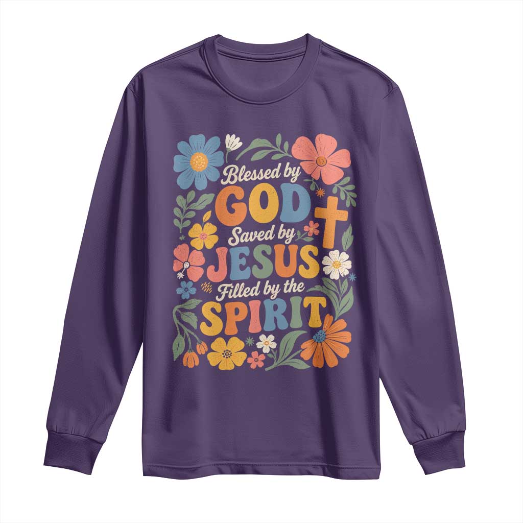 Boho Floral Christian Long Sleeve Shirt Blessed Saved By Jesus Cross Flower TS10 Purple Print Your Wear