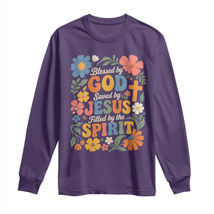 Boho Floral Christian Long Sleeve Shirt Blessed Saved By Jesus Cross Flower TS10 Purple Print Your Wear