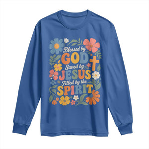 Boho Floral Christian Long Sleeve Shirt Blessed Saved By Jesus Cross Flower TS10 Royal Blue Print Your Wear