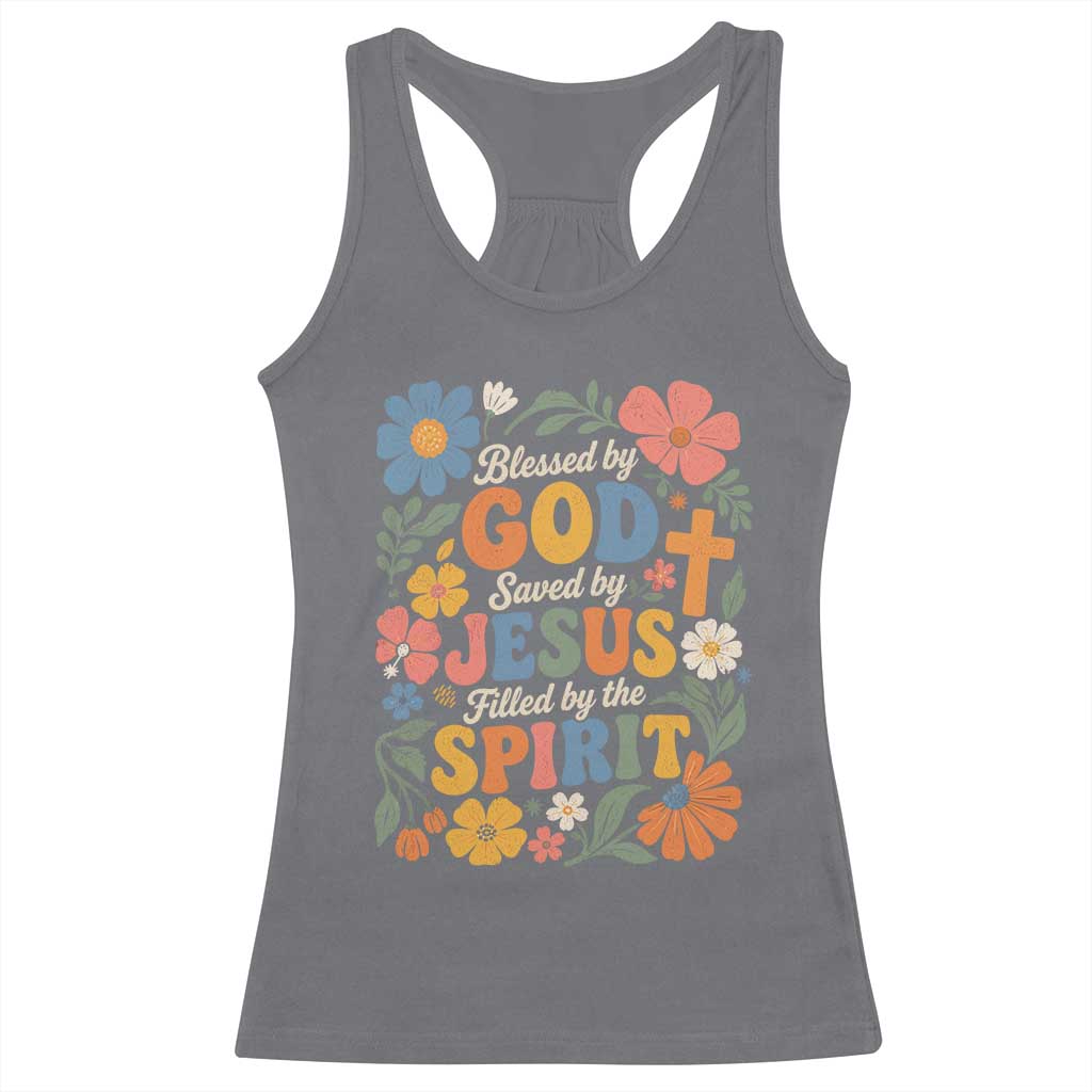 Boho Floral Christian Racerback Tank Top Blessed Saved By Jesus Cross Flower TS10 Charcoal Print Your Wear