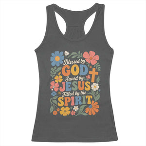 Boho Floral Christian Racerback Tank Top Blessed Saved By Jesus Cross Flower TS10 Dark Heather Print Your Wear