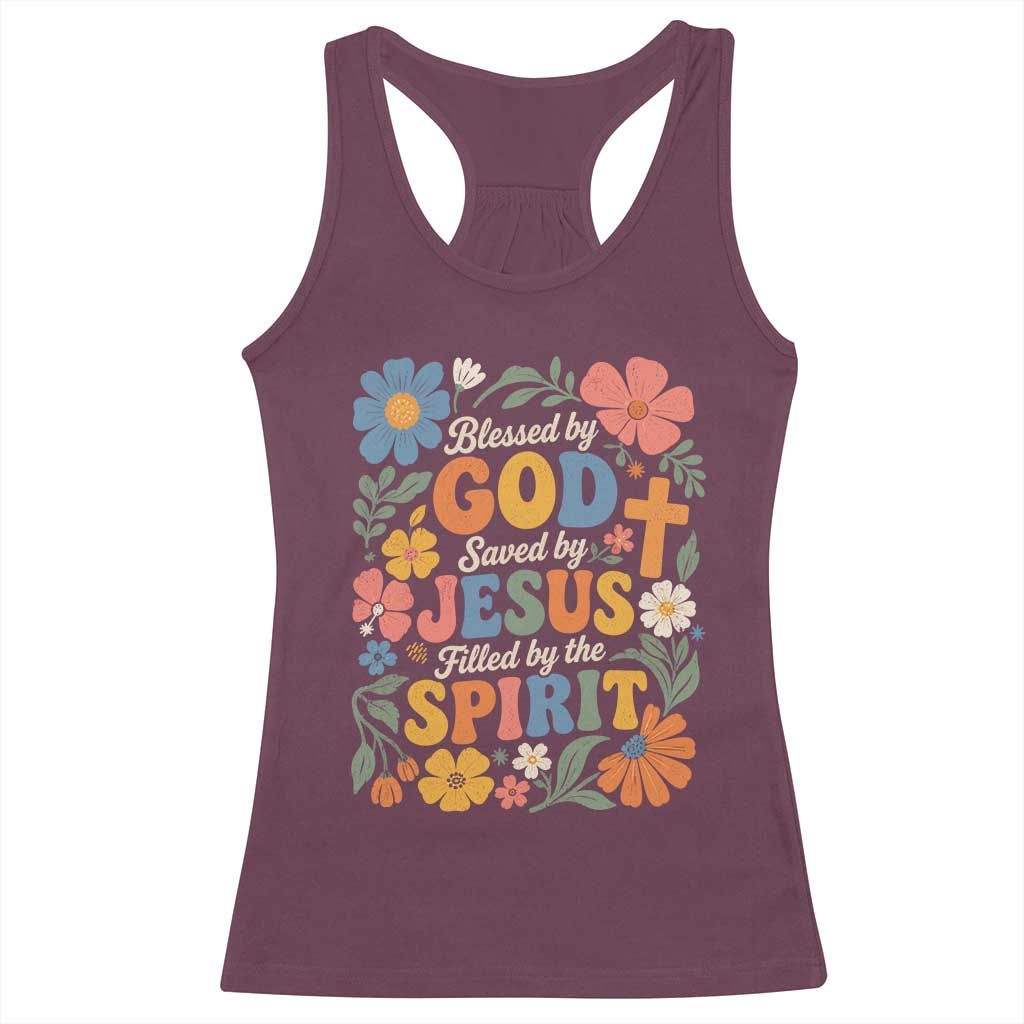 Boho Floral Christian Racerback Tank Top Blessed Saved By Jesus Cross Flower TS10 Maroon Print Your Wear