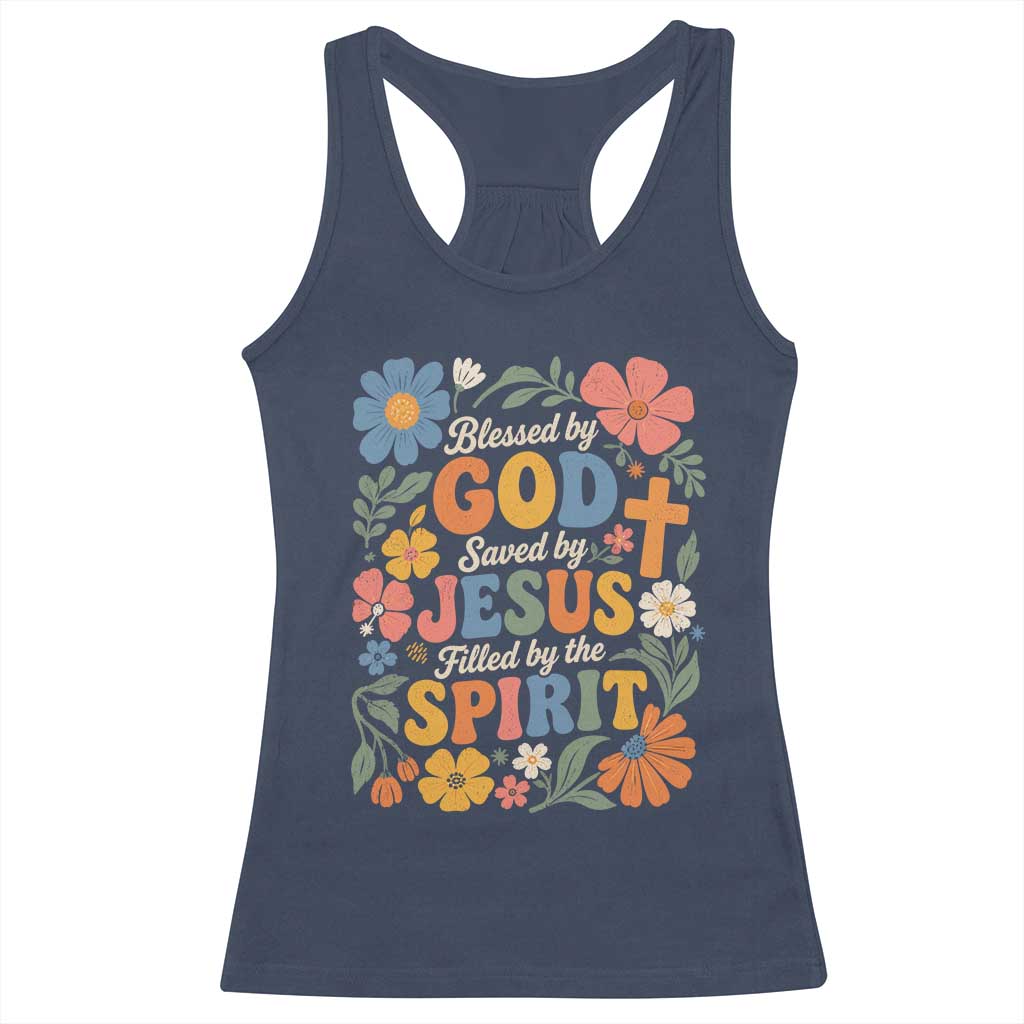 Boho Floral Christian Racerback Tank Top Blessed Saved By Jesus Cross Flower TS10 Navy Print Your Wear