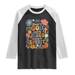 Boho Floral Christian Raglan Shirt Blessed Saved By Jesus Cross Flower TS10 Black White Print Your Wear