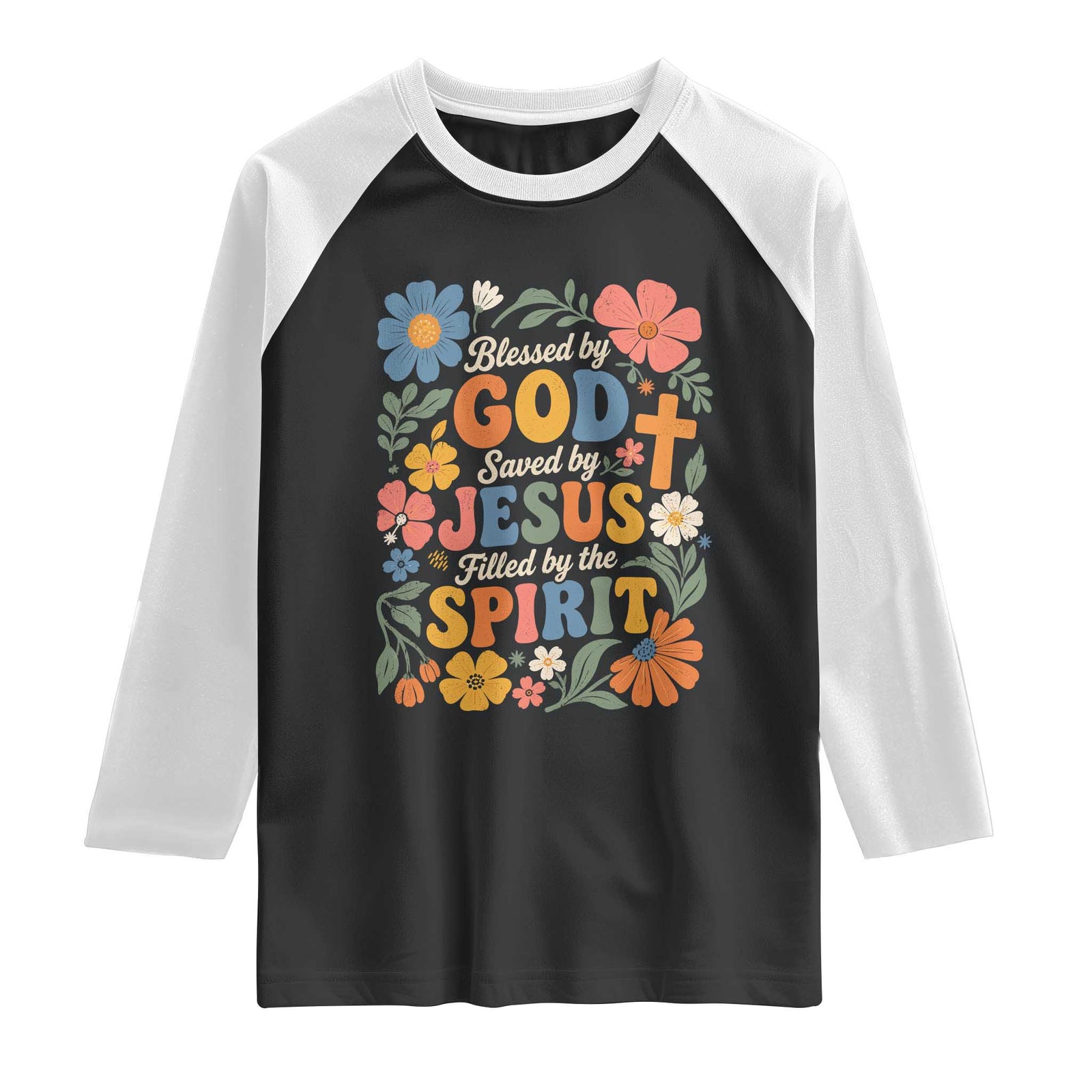 Boho Floral Christian Raglan Shirt Blessed Saved By Jesus Cross Flower TS10 Black White Print Your Wear
